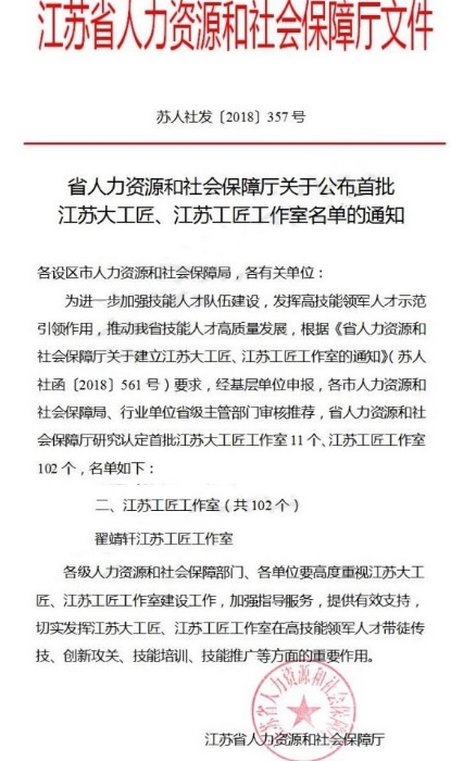 张强勇技能大师工作室获江苏省人社厅批江苏工匠工作室